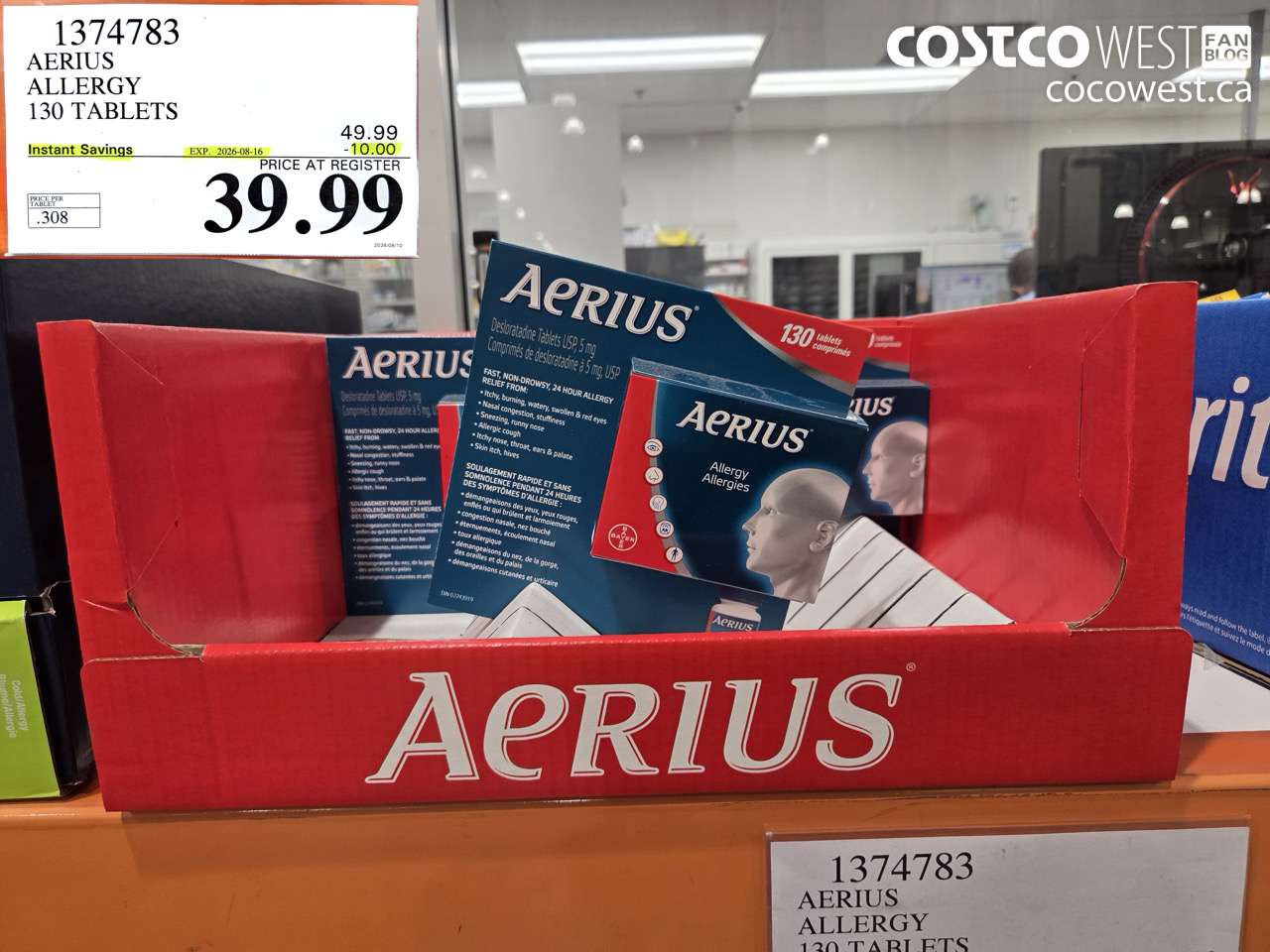 1374783 AERIUS ALLERGY 130 TABLETS ($10.00 INSTANT SAVINGS EXPIRES ON 2026-08-16) $39.99