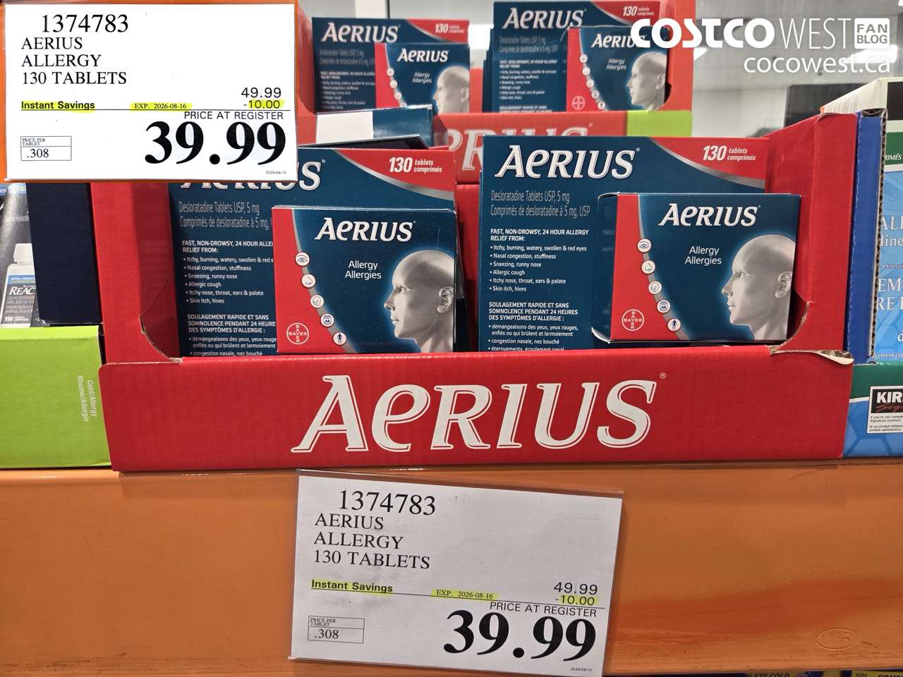 1374783 AERIUS ALLERGY 130 TABLETS ($10.00 INSTANT SAVINGS EXPIRES ON 2026-08-16) $39.99