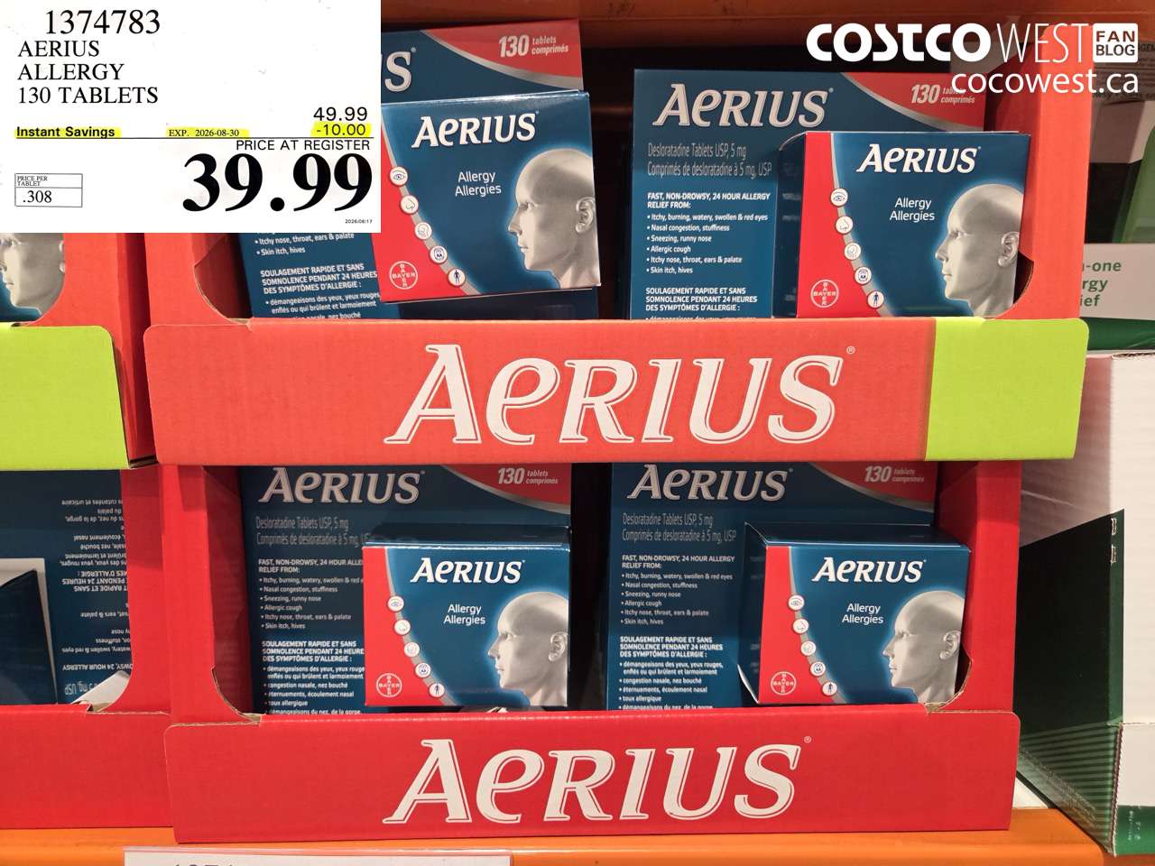 1374783 AERIUS ALLERGY 130 TABLETS ($10.00 INSTANT SAVINGS EXPIRES ON 2026-08-30) $39.99