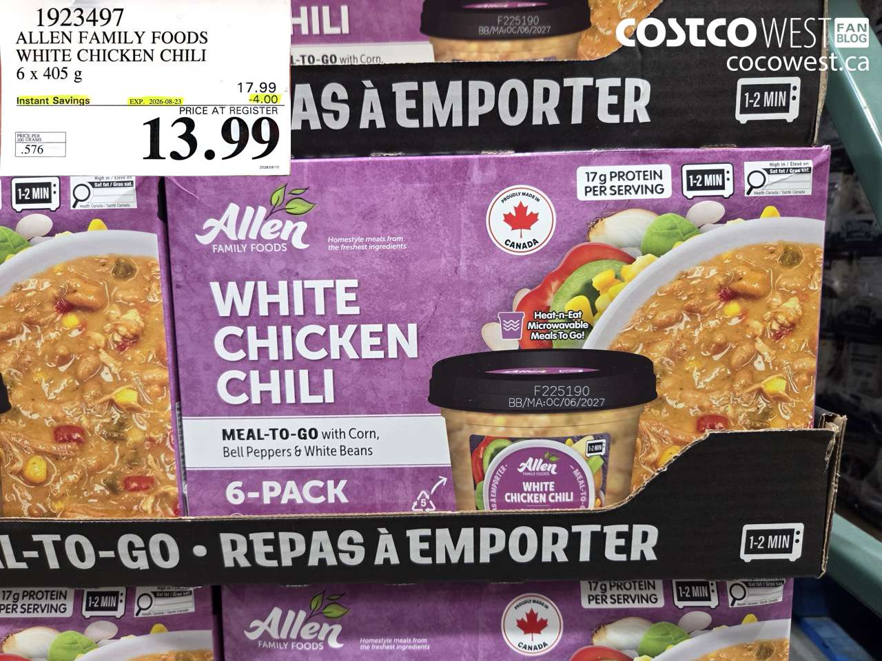 1923497 ALLEN FAMILY FOODS WHITE CHICKEN CHILI 6 X 405 G ($4.00 INSTANT SAVINGS EXPIRES ON 2026-08-23) $13.99