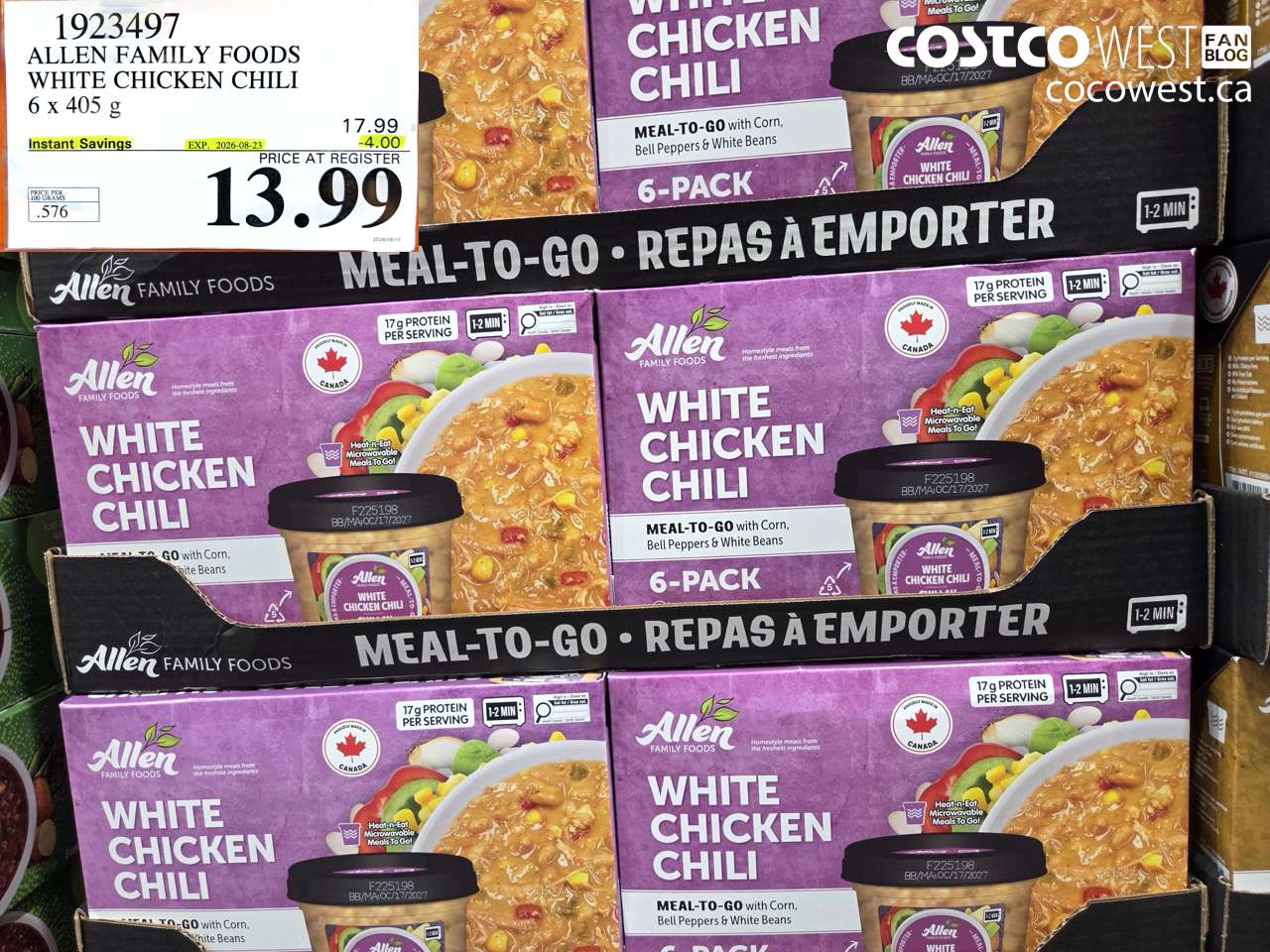 1923497 ALLEN FAMILY FOODS WHITE CHICKEN CHILI 6 X 405 G ($4.00 INSTANT SAVINGS EXPIRES ON 2026-08-23) $13.99