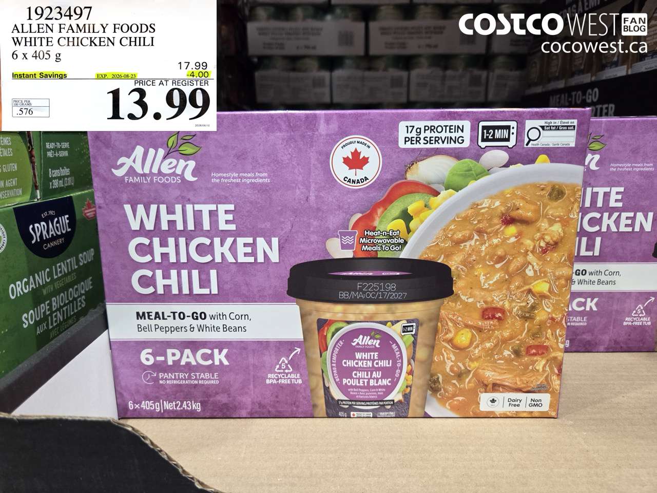 1923497 ALLEN FAMILY FOODS WHITE CHICKEN CHILI 6 X 405 G ($4.00 INSTANT SAVINGS EXPIRES ON 2026-08-23) $13.99
