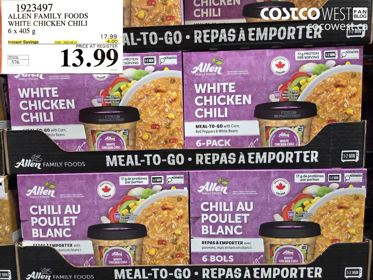1923497 ALLEN FAMILY FOODS WHITE CHICKEN CHILI 6 X 405 G ($4.00 INSTANT SAVINGS EXPIRES ON 2026-08-23) $13.99