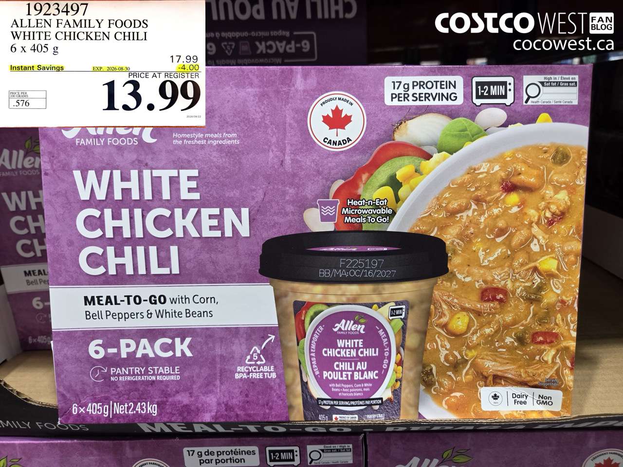 1923497 ALLEN FAMILY FOODS WHITE CHICKEN CHILI 6 X 405 G ($4.00 INSTANT SAVINGS EXPIRES ON 2026-08-30) $13.99