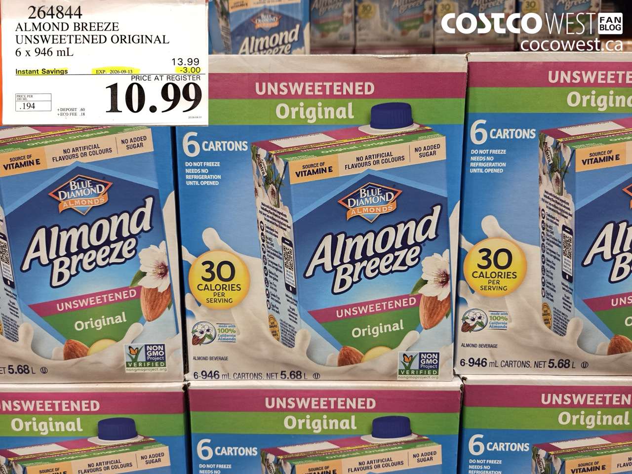 264844 ALMOND BREEZE UNSWEETENED ORIGINAL 6 X 946 ML ($3.00 INSTANT SAVINGS EXPIRES ON 2026-09-13) $10.99