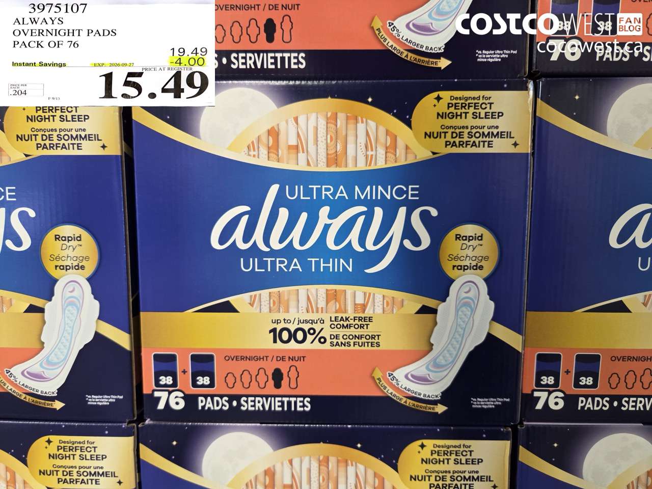 3975107 ALWAYS OVERNIGHT PADS PACK OF 76 ($4.00 INSTANT SAVINGS EXPIRES ON 2026-09-27) $15.49