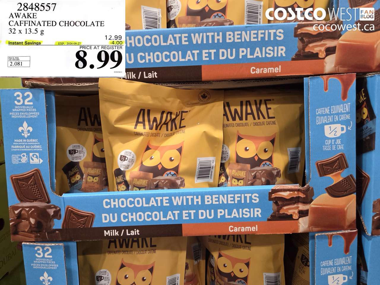 2848557 AWAKE CAFFINATED CHOCOLATE 32 X 13.5 G ($4.00 INSTANT SAVINGS EXPIRES ON 2026-09-27) $8.99