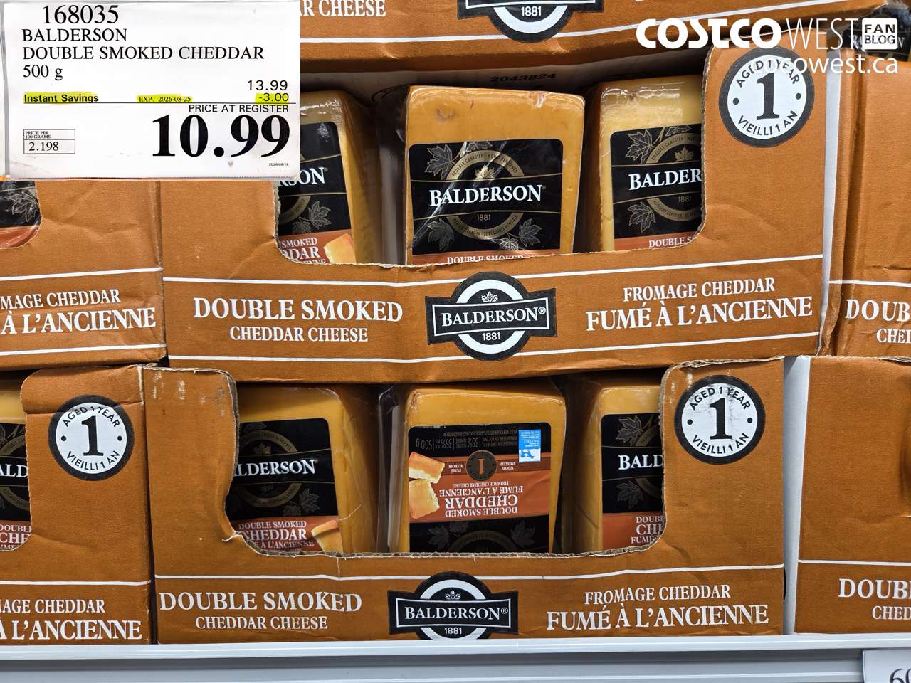 168035 BALDERSON DOUBLE SMOKED CHEDDAR 500 G ($3.00 INSTANT SAVINGS EXPIRES ON 2026-08-25) $10.99