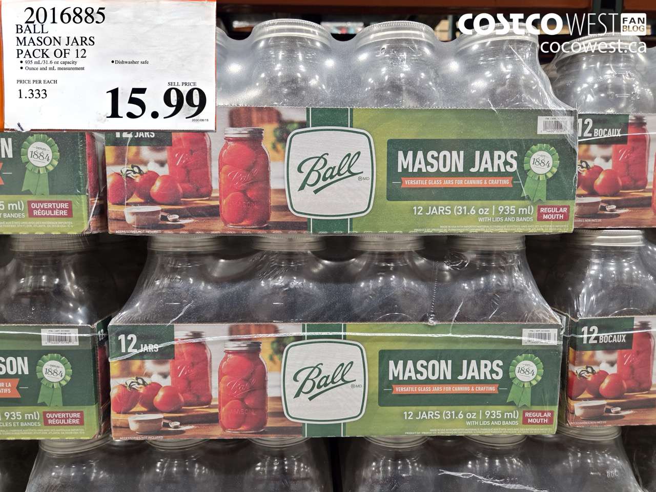 2016885 BALL MASON JARS PACK OF 12 $15.99