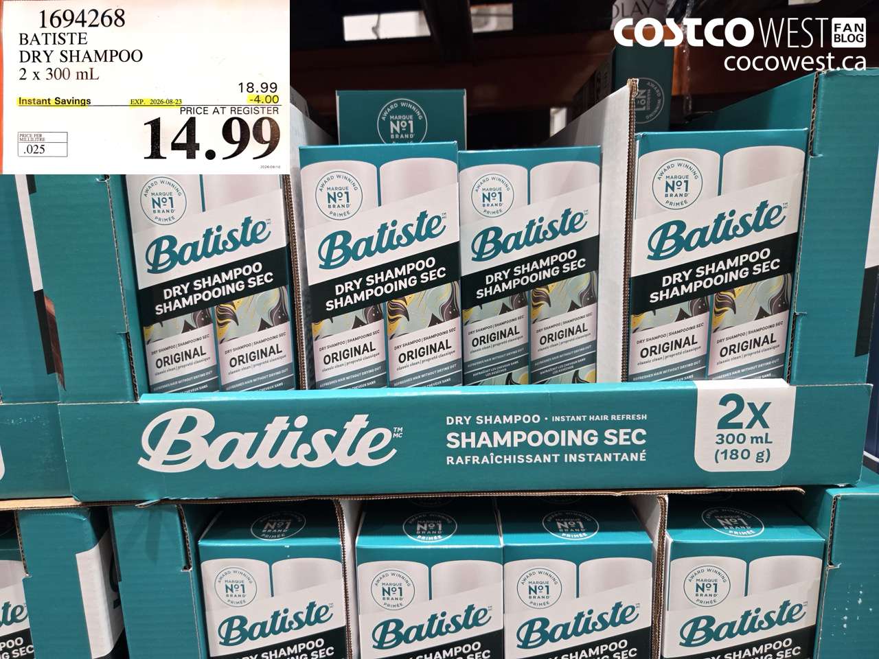 1694268 BATISTE DRY SHAMPOO 2 X 300 ML ($4.00 INSTANT SAVINGS EXPIRES ON 2026-08-23) $14.99
