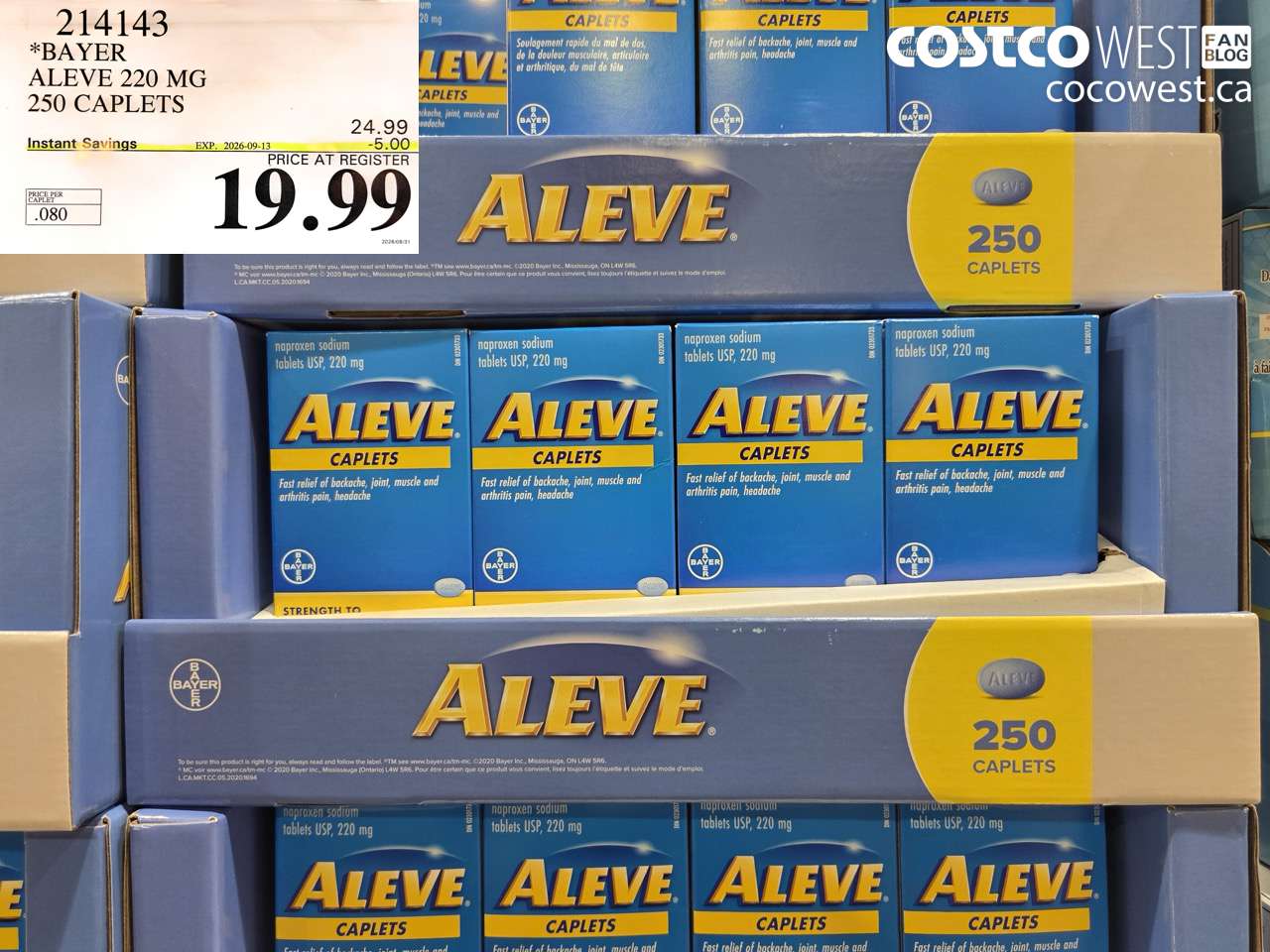 214143 BAYER ALEVE 220 MG 250 CAPLETS ($5.00 INSTANT SAVINGS EXPIRES ON 2026-09-13) $19.99