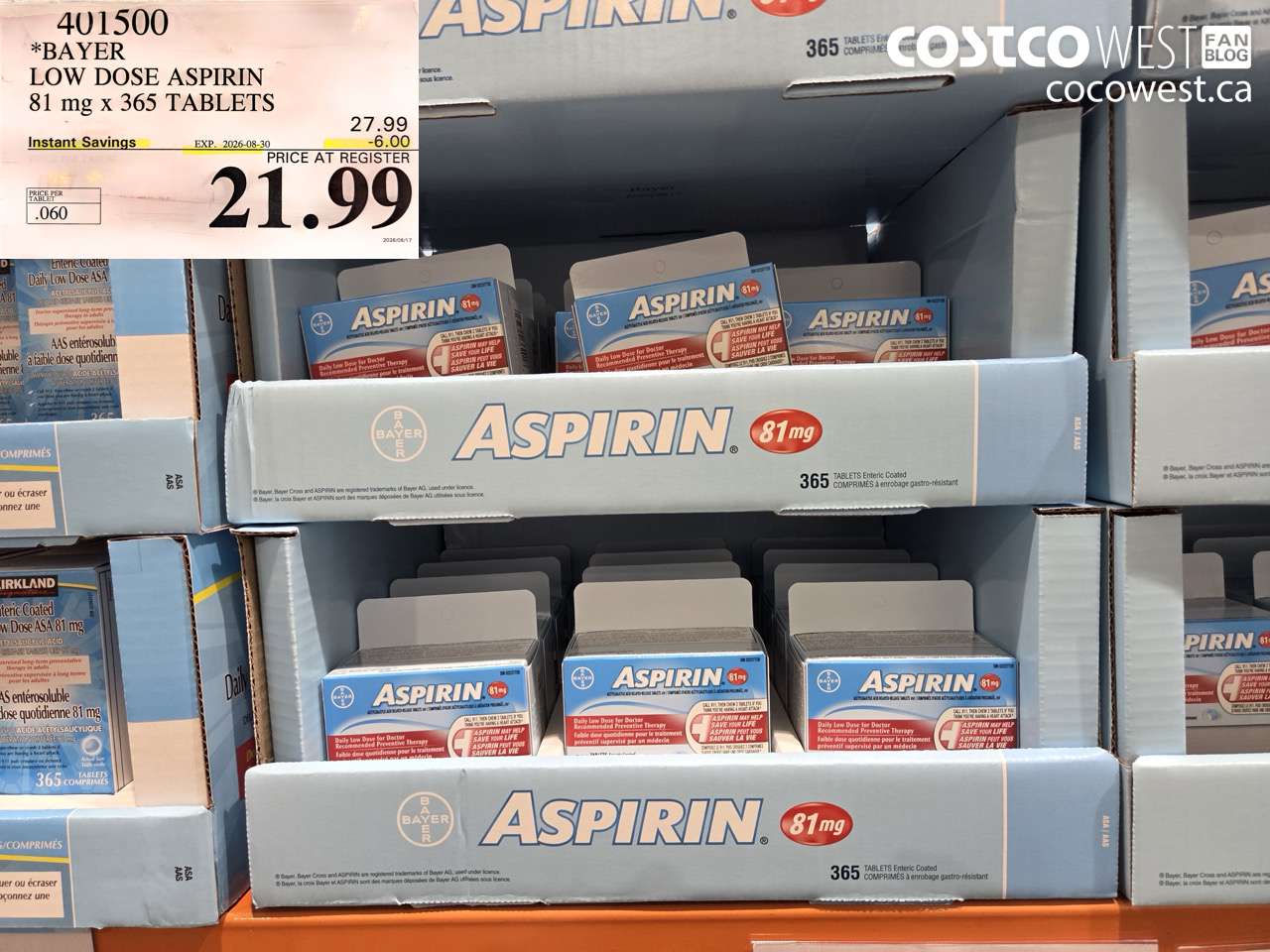 401500 BAYER LOW DOSE ASPIRIN 81 MG X 365 TABLETS ($6.00 INSTANT SAVINGS EXPIRES ON 2026-08-30) $21.99