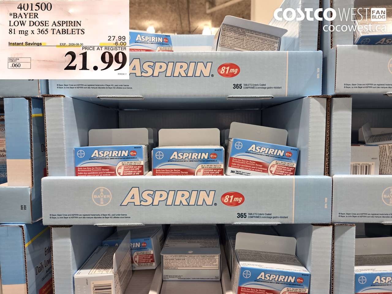 401500 BAYER LOW DOSE ASPIRIN 81 MG X 365 TABLETS ($6.00 INSTANT SAVINGS EXPIRES ON 2026-08-30) $21.99