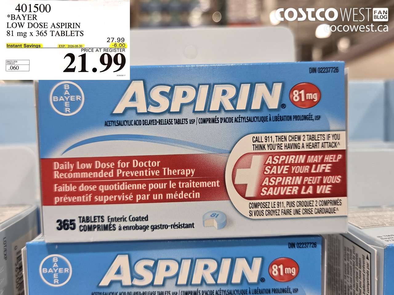 401500 BAYER LOW DOSE ASPIRIN 81 MG X 365 TABLETS ($6.00 INSTANT SAVINGS EXPIRES ON 2026-08-30) $21.99