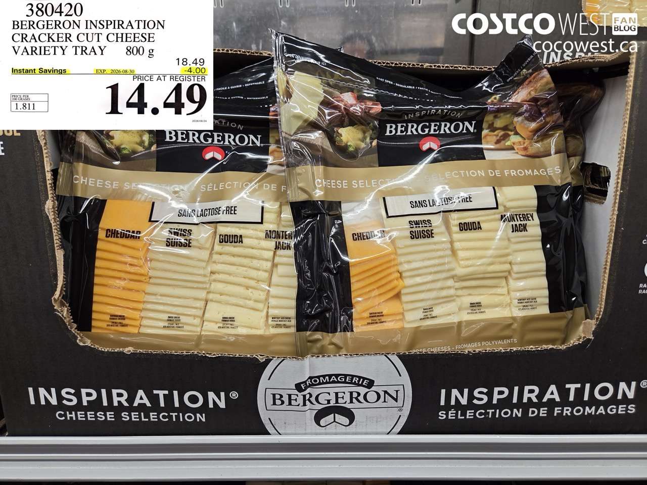 380420 BERGERON INSPIRATION CRACKER CUT CHEESE VARIETY TRAY 800 G ($4.00 INSTANT SAVINGS EXPIRES ON 2026-08-30) $14.49