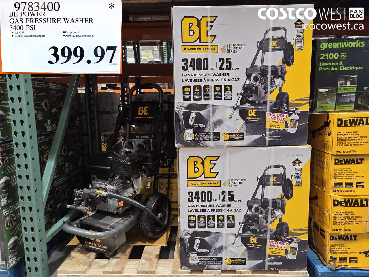 9783400 BE POWER GAS PRESSURE WASHER 3400 PSI $399.97