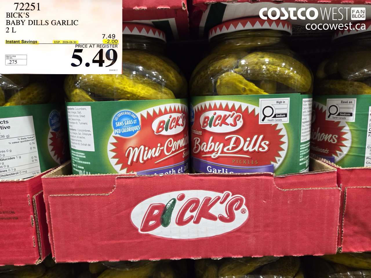 72251 BICK'S BABY DILLS GARLIC 2 L ($2.00 INSTANT SAVINGS EXPIRES ON 2026-08-30) $5.49