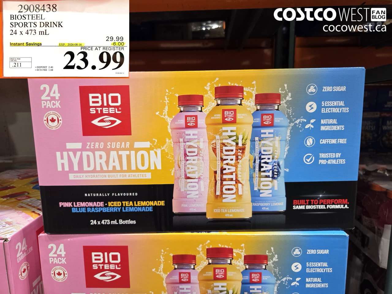 2908438 BIOSTEEL SPORTS DRINK 24 X 473 ML ($6.00 INSTANT SAVINGS EXPIRES ON 2026-08-16) $23.99