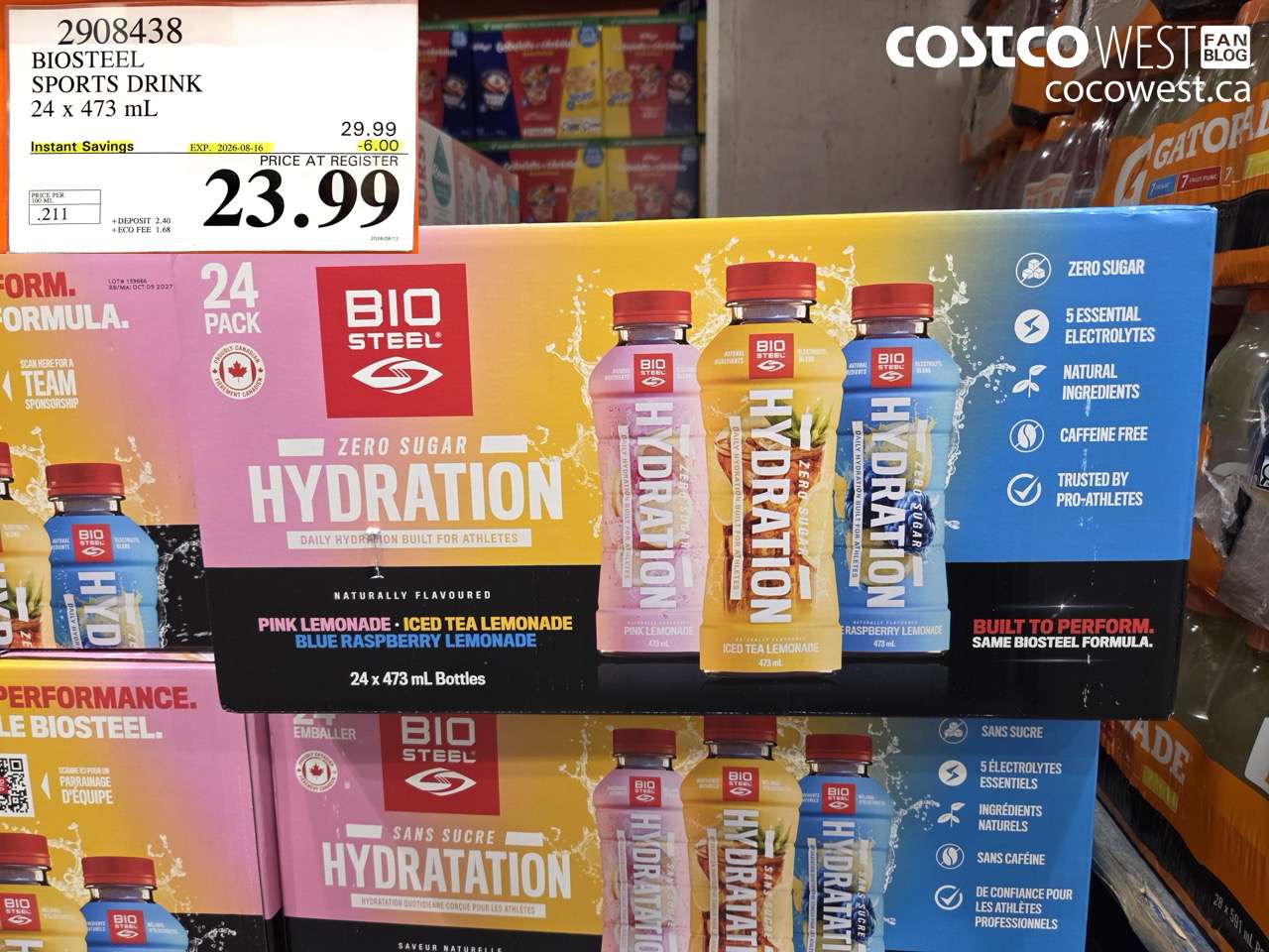 2908438 BIOSTEEL SPORTS DRINK 24 X 473 ML ($6.00 INSTANT SAVINGS EXPIRES ON 2026-08-16) $23.99