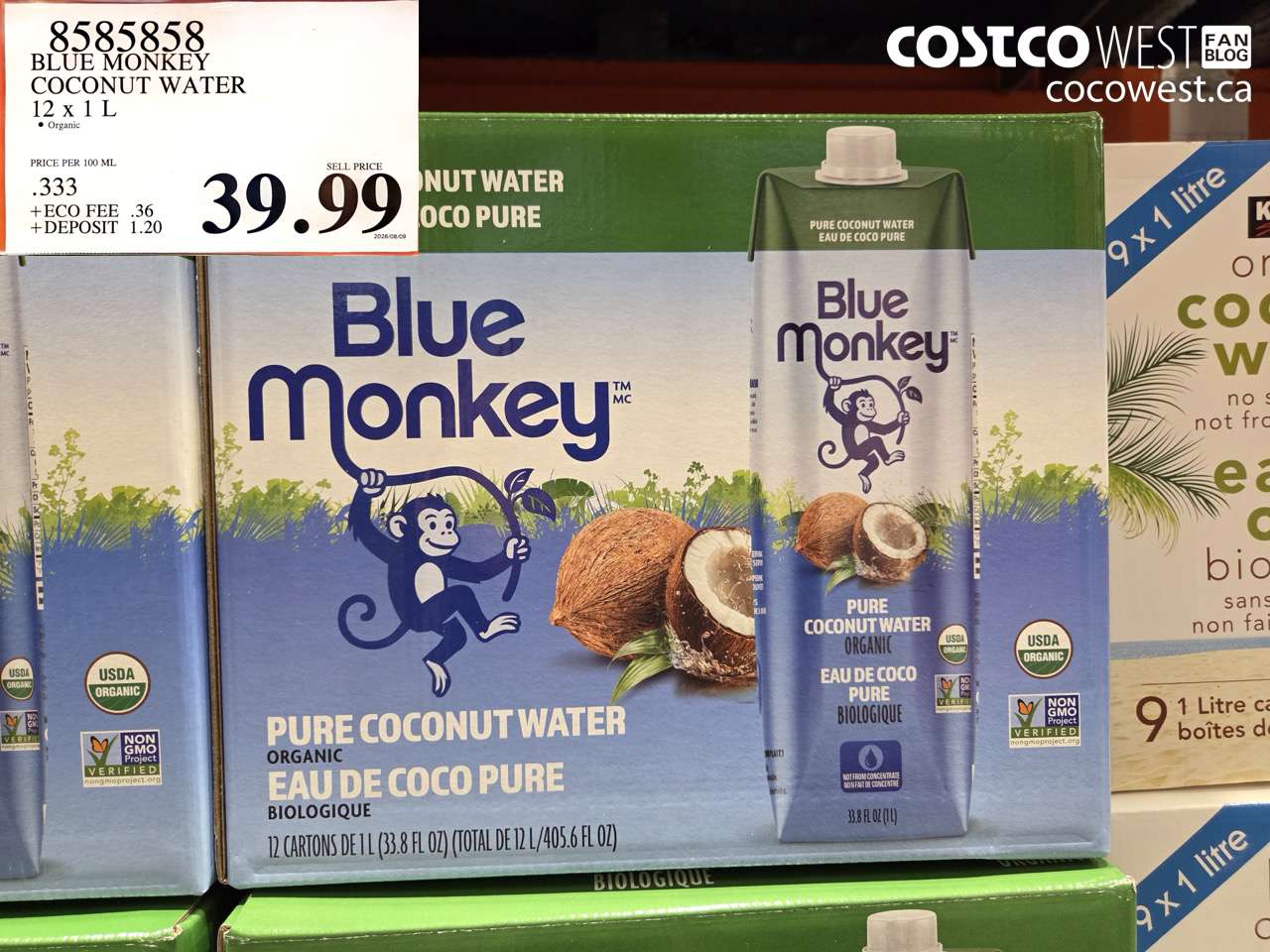 8585858 BLUE MONKEY COCONUT WATER 12 X 1 L $39.99