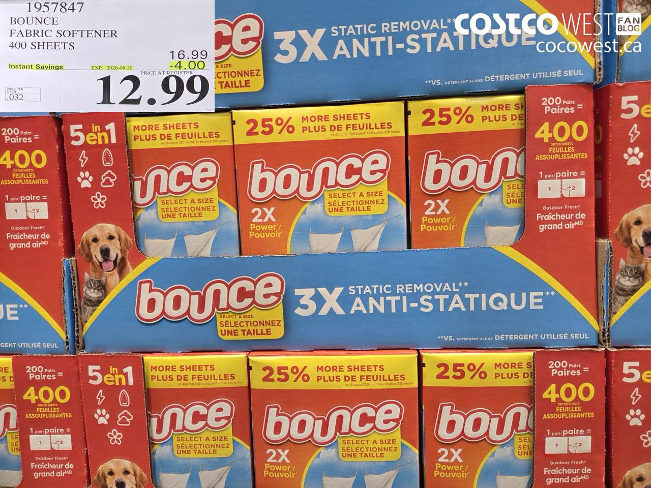 1957847 BOUNCE FABRIC SOFTENER 400 SHEETS ($4.00 INSTANT SAVINGS EXPIRES ON 2026-08-30) $12.99