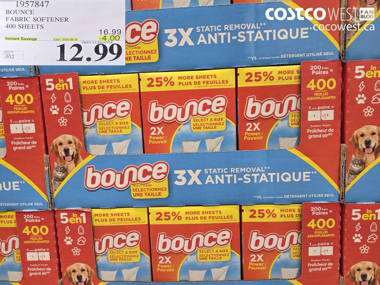 1957847 BOUNCE FABRIC SOFTENER 400 SHEETS ($4.00 INSTANT SAVINGS EXPIRES ON 2026-08-30) $12.99