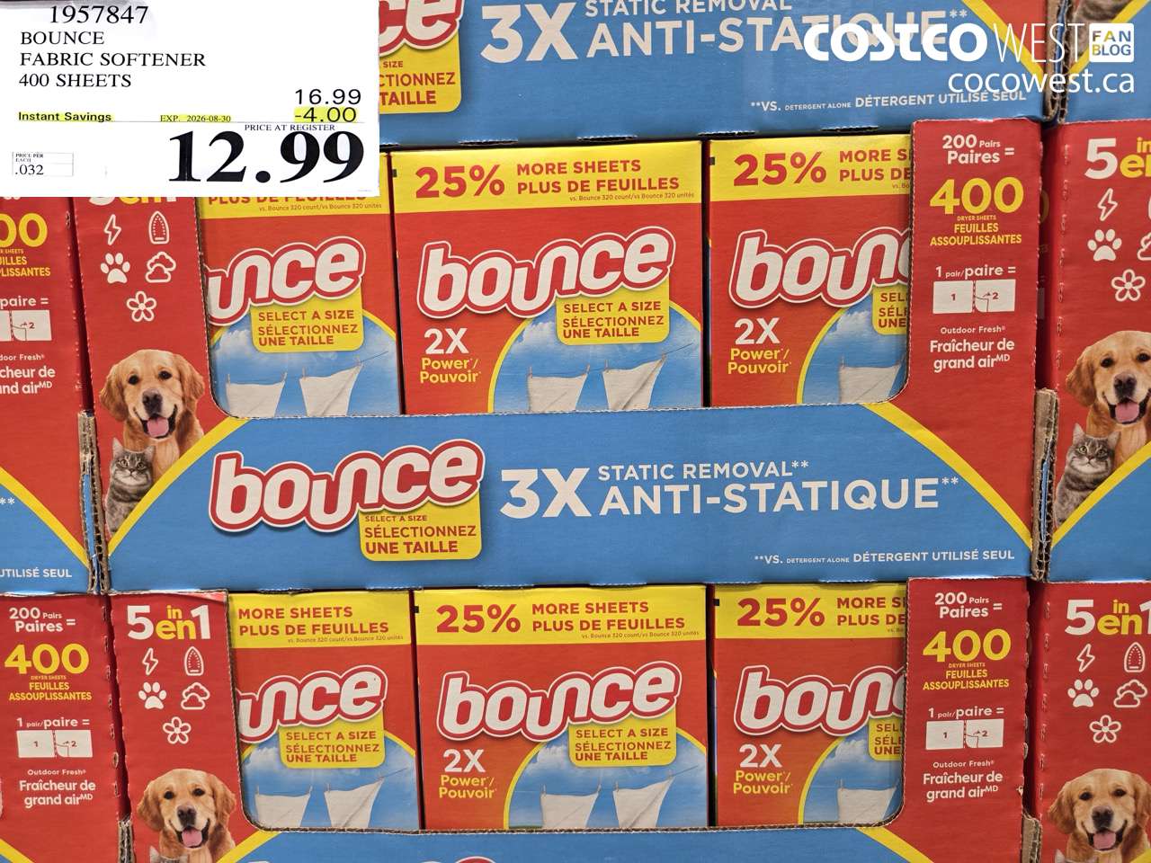 1957847 BOUNCE FABRIC SOFTENER 400 SHEETS ($4.00 INSTANT SAVINGS EXPIRES ON 2026-08-30) $12.99