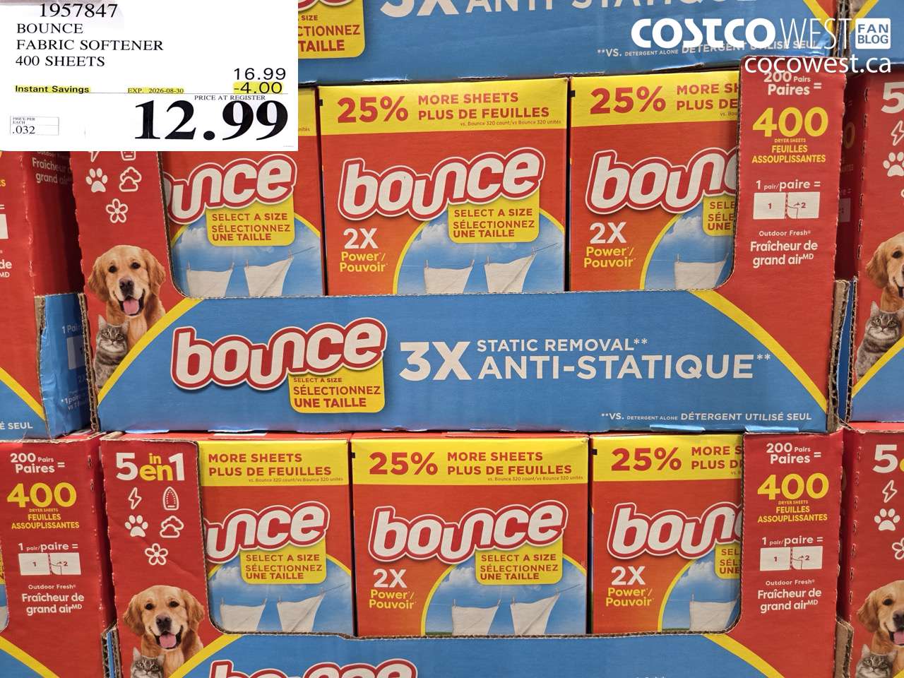 1957847 BOUNCE FABRIC SOFTENER 400 SHEETS ($4.00 INSTANT SAVINGS EXPIRES ON 2026-08-30) $12.99