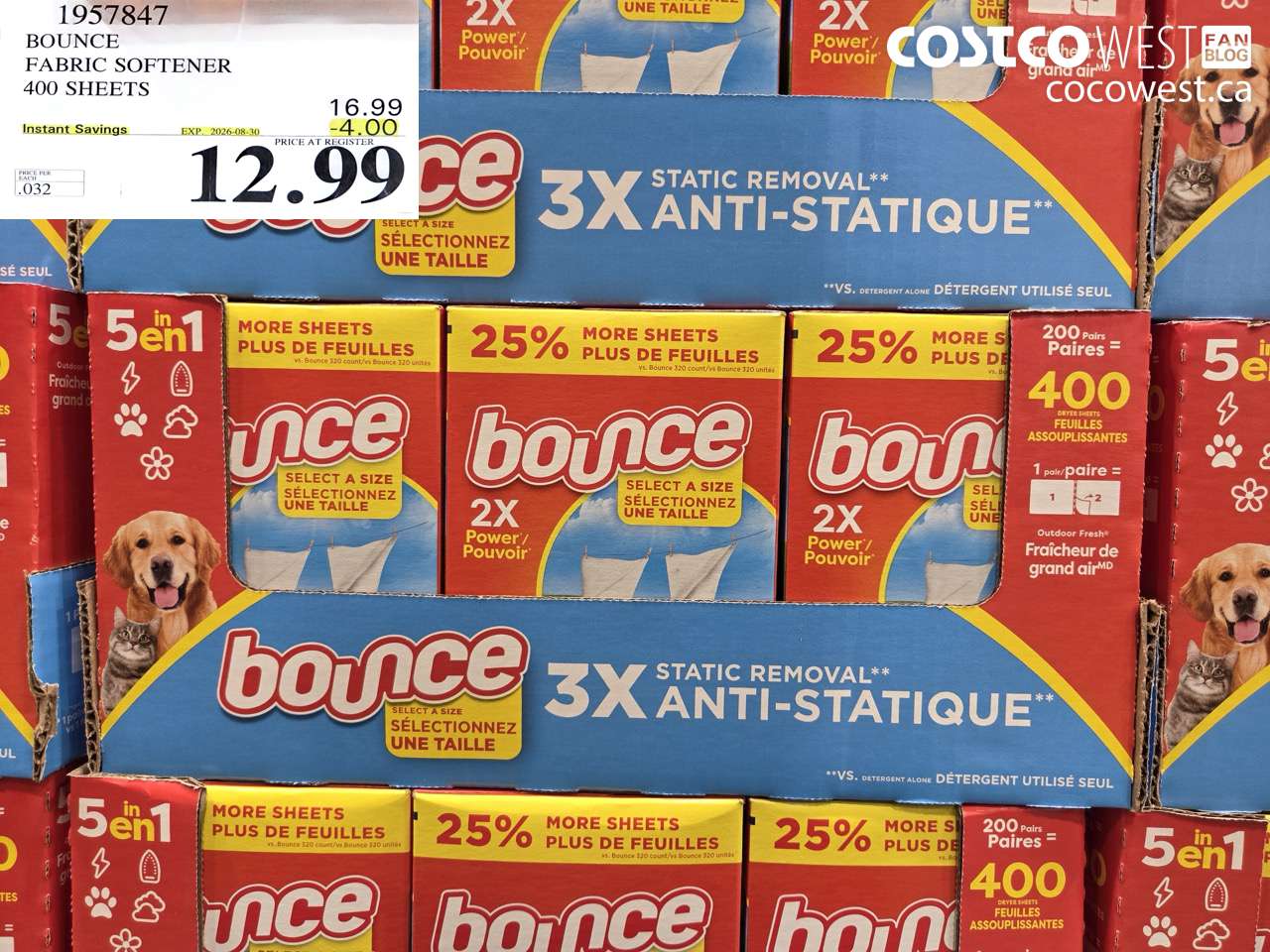 1957847 BOUNCE FABRIC SOFTENER 400 SHEETS ($4.00 INSTANT SAVINGS EXPIRES ON 2026-08-30) $12.99