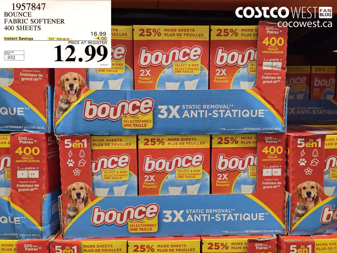 1957847 BOUNCE FABRIC SOFTENER 400 SHEETS ($4.00 INSTANT SAVINGS EXPIRES ON 2026-08-30) $12.99