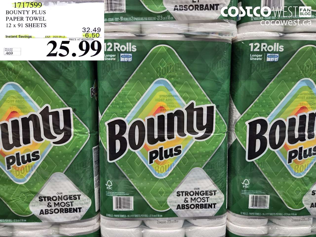 1717599 BOUNTY PLUS PAPER TOWEL 12 X 91 SHEETS ($6.50 INSTANT SAVINGS EXPIRES ON 2026-09-13) $25.99