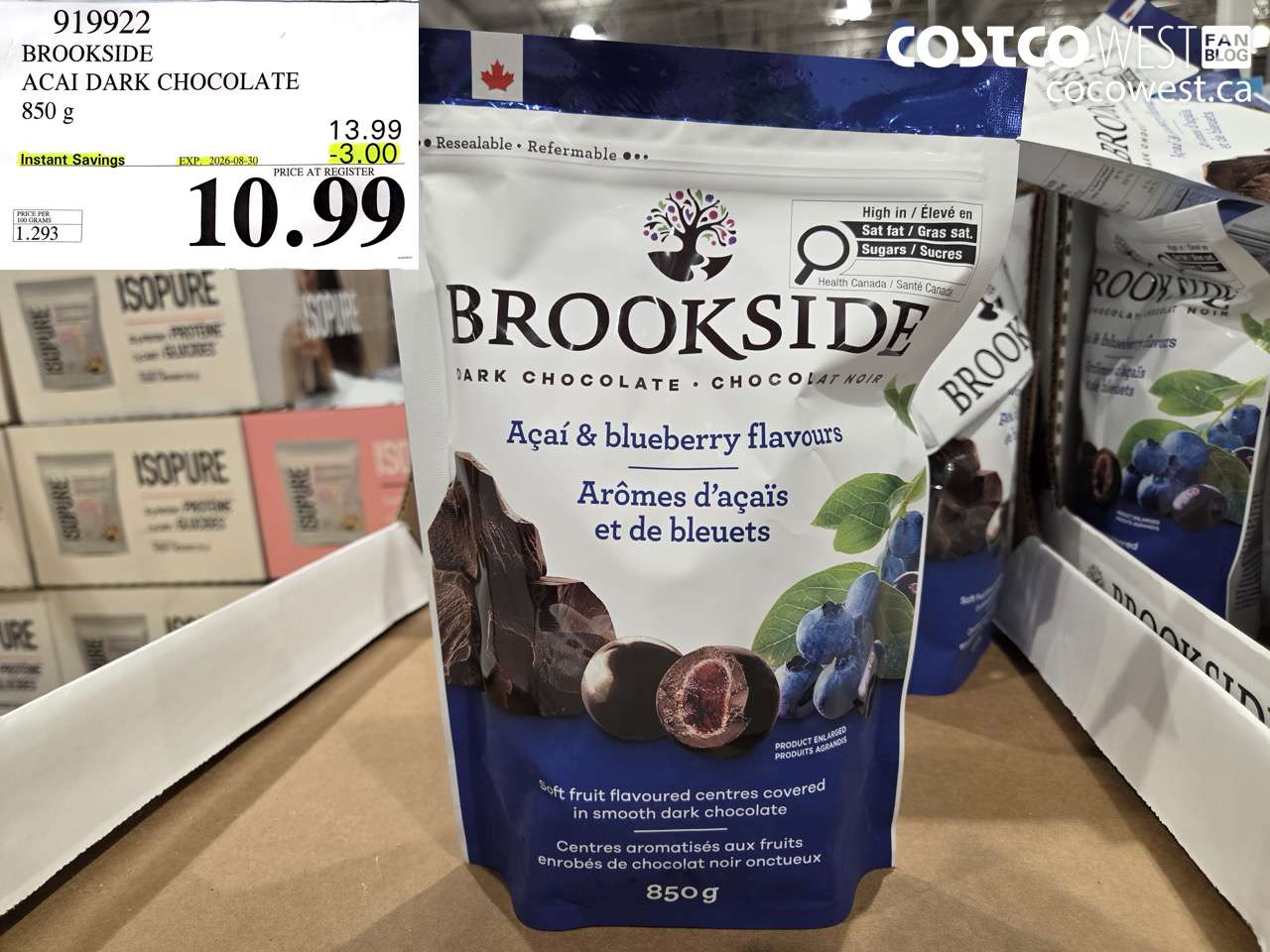 919922 BROOKSIDE ACAI DARK CHOCOLATE 850 G ($3.00 INSTANT SAVINGS EXPIRES ON 2026-08-30) $10.99