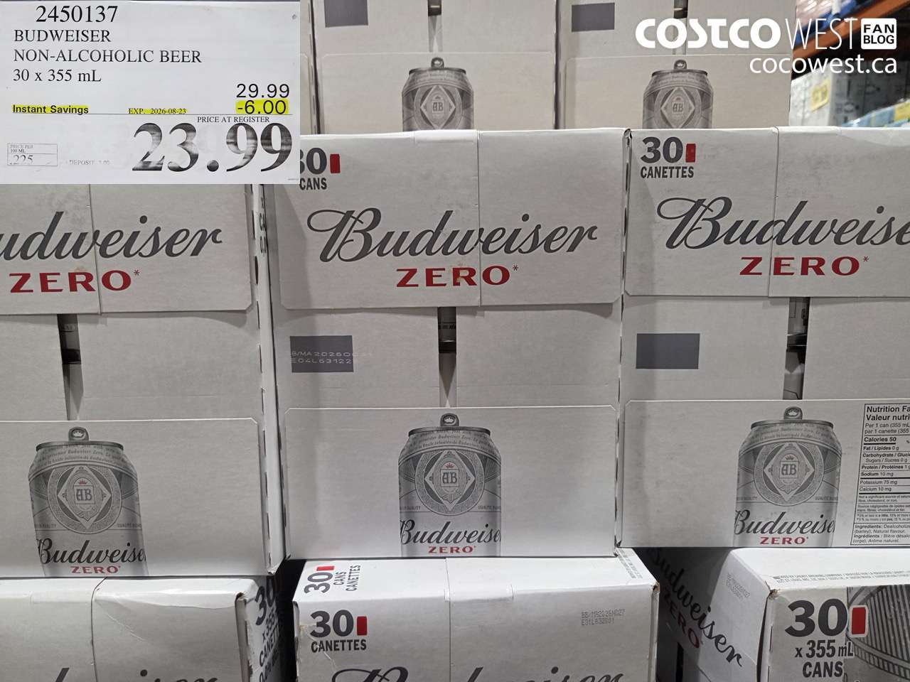 2450137 BUDWEISER NON-ALCOHOLIC BEER 30 X 355 ML ($6.00 INSTANT SAVINGS EXPIRES ON 2026-08-23) $23.99