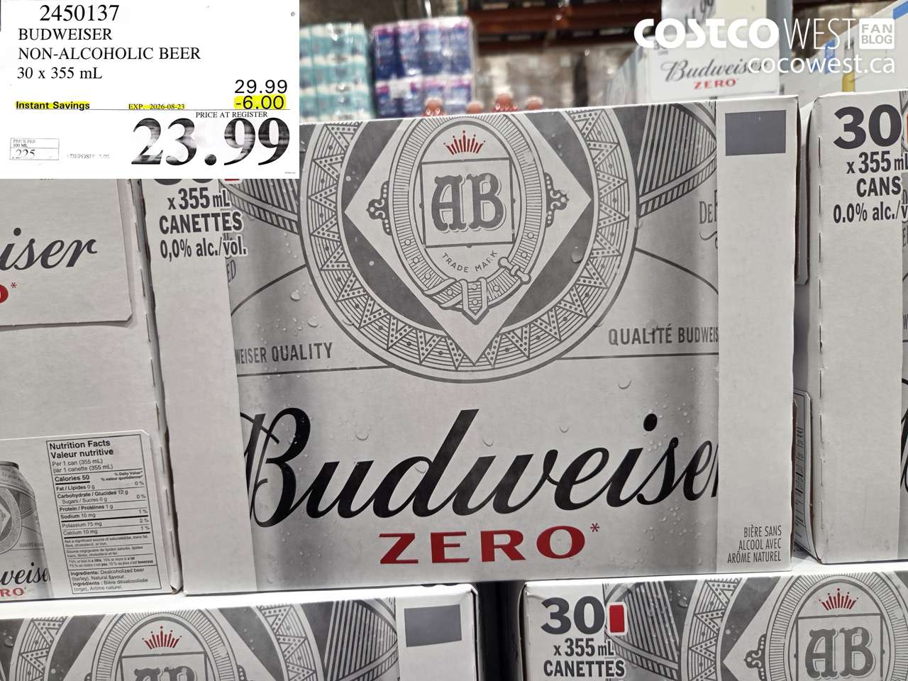 2450137 BUDWEISER NON-ALCOHOLIC BEER 30 X 355 ML ($6.00 INSTANT SAVINGS EXPIRES ON 2026-08-23) $23.99