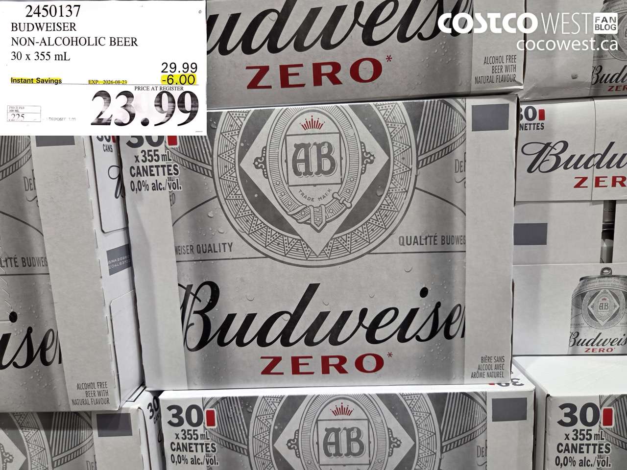 2450137 BUDWEISER NON-ALCOHOLIC BEER 30 X 355 ML ($6.00 INSTANT SAVINGS EXPIRES ON 2026-08-23) $23.99