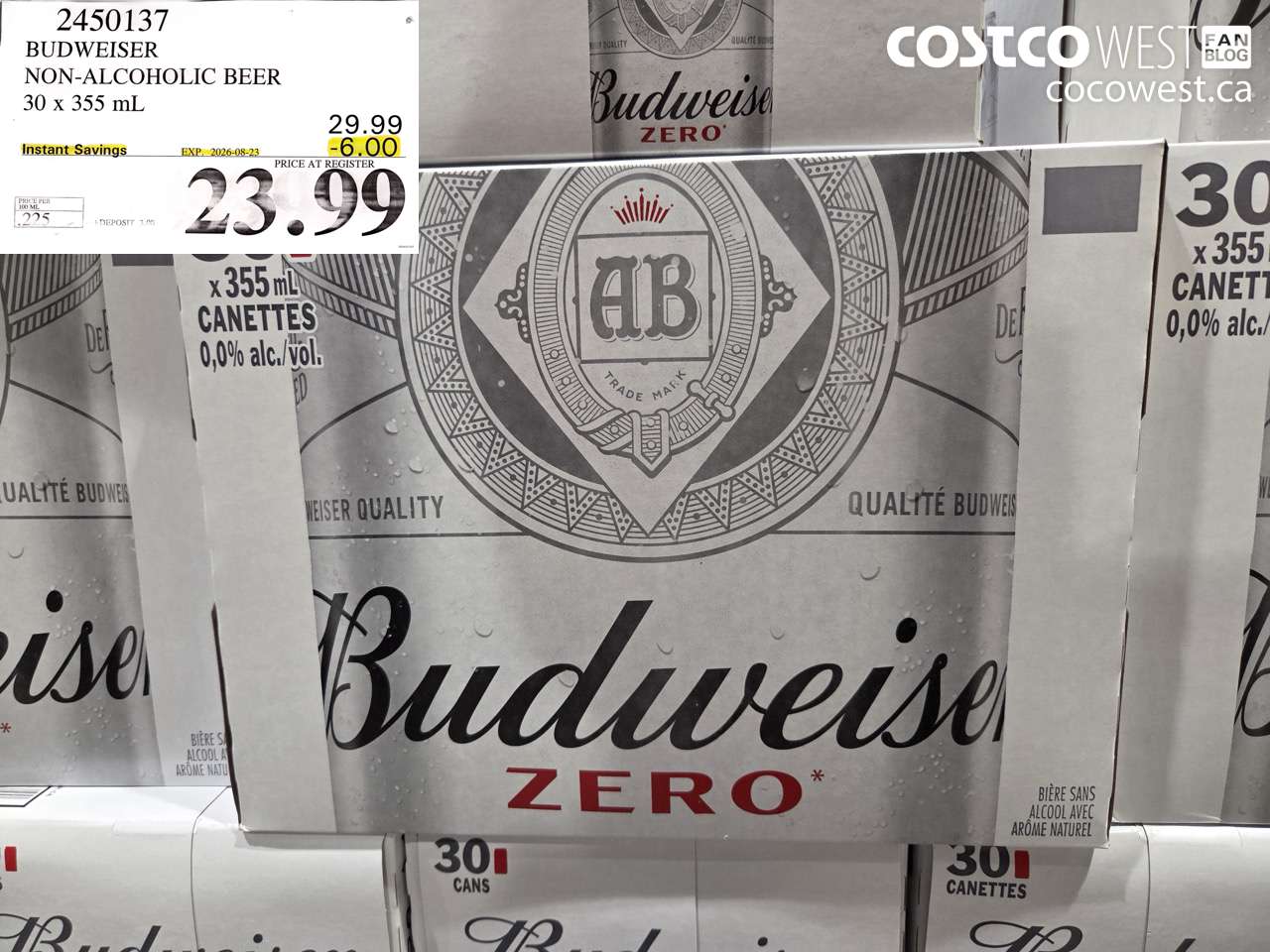 2450137 BUDWEISER NON-ALCOHOLIC BEER 30 X 355 ML ($6.00 INSTANT SAVINGS EXPIRES ON 2026-08-23) $23.99