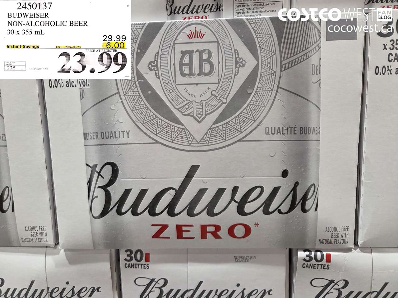 2450137 BUDWEISER NON-ALCOHOLIC BEER 30 X 355 ML ($6.00 INSTANT SAVINGS EXPIRES ON 2026-08-23) $23.99