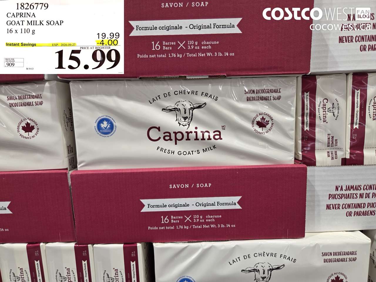 1826779 CAPRINA GOAT MILK SOAP 16 X 110 G ($4.00 INSTANT SAVINGS EXPIRES ON 2026-09-27) $15.99
