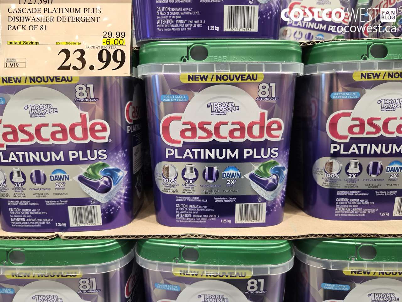 1727590 CASCADE PLATINUM PLUS DISHWASHER DETERGENT PACK OF 81 ($6.00 INSTANT SAVINGS EXPIRES ON 2026-08-16) $23.99