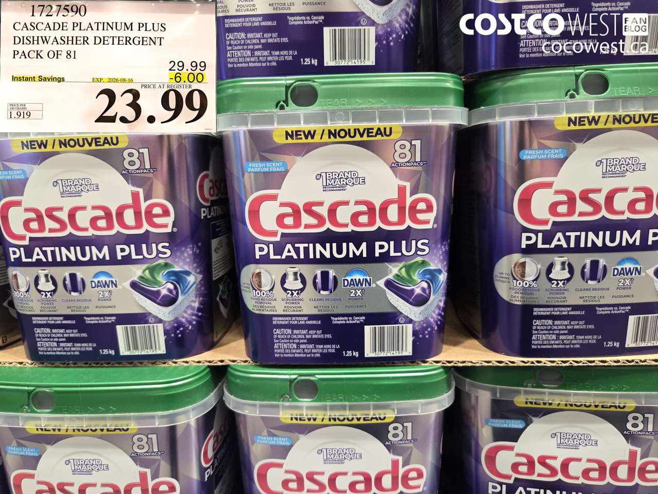 1727590 CASCADE PLATINUM PLUS DISHWASHER DETERGENT PACK OF 81 ($6.00 INSTANT SAVINGS EXPIRES ON 2026-08-16) $23.99