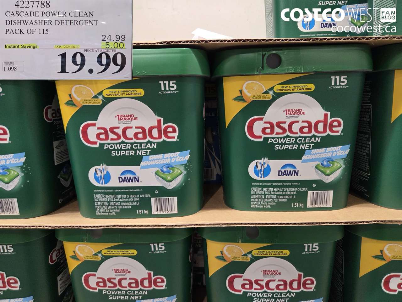 4227788 CASCADE POWER CLEAN DISHWASHER DETERGENT PACK OF 115 ($5.00 INSTANT SAVINGS EXPIRES ON 2026-08-30) $19.99