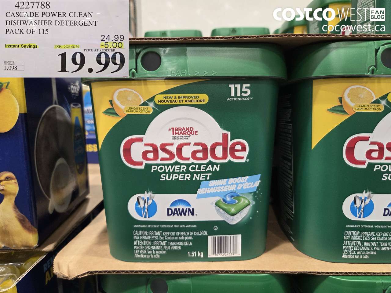 4227788 CASCADE POWER CLEAN DISHWASHER DETERGENT PACK OF 115 ($5.00 INSTANT SAVINGS EXPIRES ON 2026-08-30) $19.99