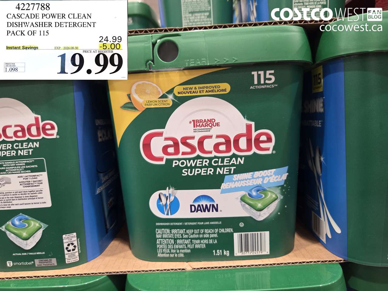 4227788 CASCADE POWER CLEAN DISHWASHER DETERGENT PACK OF 115 ($5.00 INSTANT SAVINGS EXPIRES ON 2026-08-30) $19.99