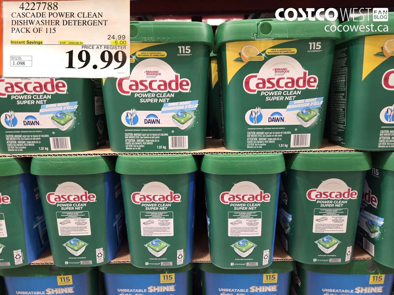4227788 CASCADE POWER CLEAN DISHWASHER DETERGENT PACK OF 115 ($5.00 INSTANT SAVINGS EXPIRES ON 2026-08-30) $19.99