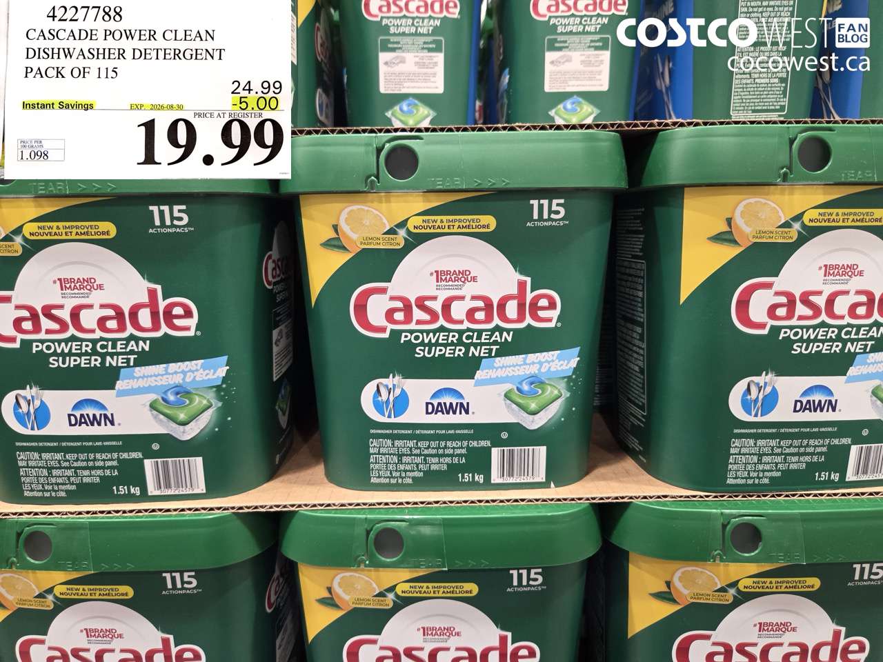4227788 CASCADE POWER CLEAN DISHWASHER DETERGENT PACK OF 115 ($5.00 INSTANT SAVINGS EXPIRES ON 2026-08-30) $19.99