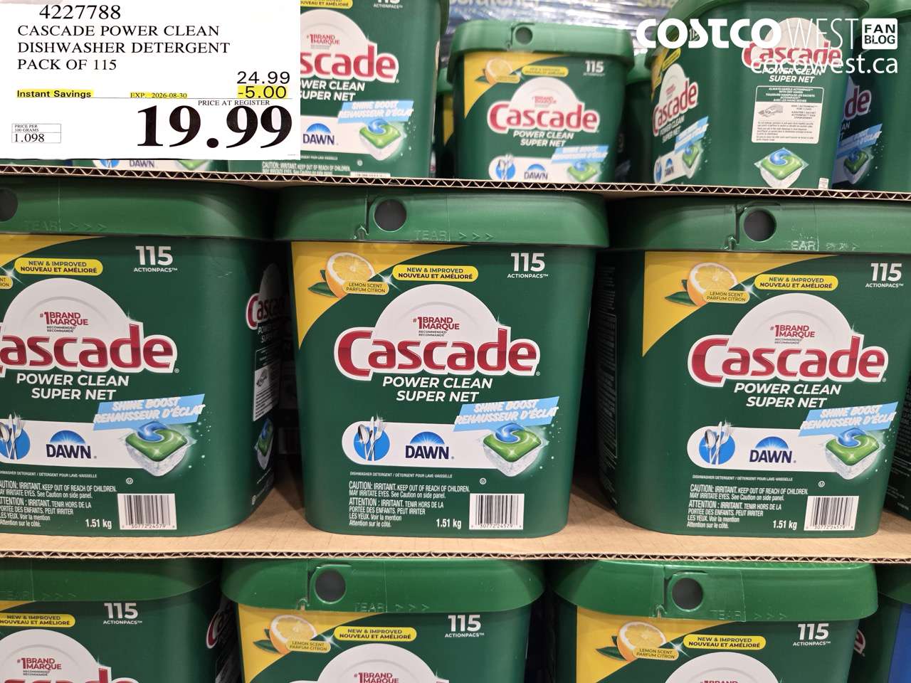4227788 CASCADE POWER CLEAN DISHWASHER DETERGENT PACK OF 115 ($5.00 INSTANT SAVINGS EXPIRES ON 2026-08-30) $19.99