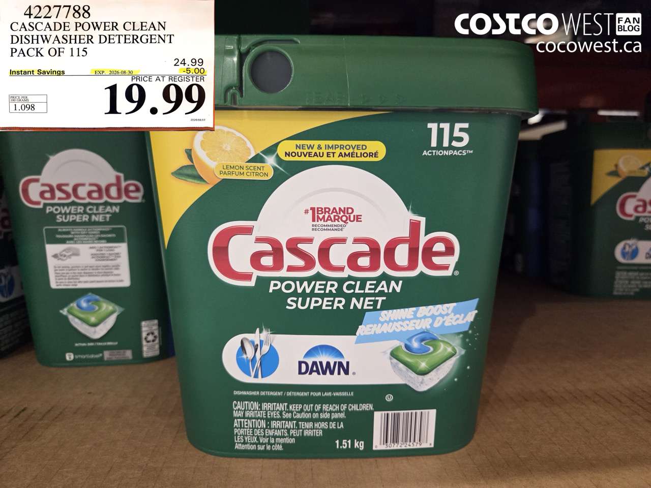 4227788 CASCADE POWER CLEAN DISHWASHER DETERGENT PACK OF 115 ($5.00 INSTANT SAVINGS EXPIRES ON 2026-08-30) $19.99