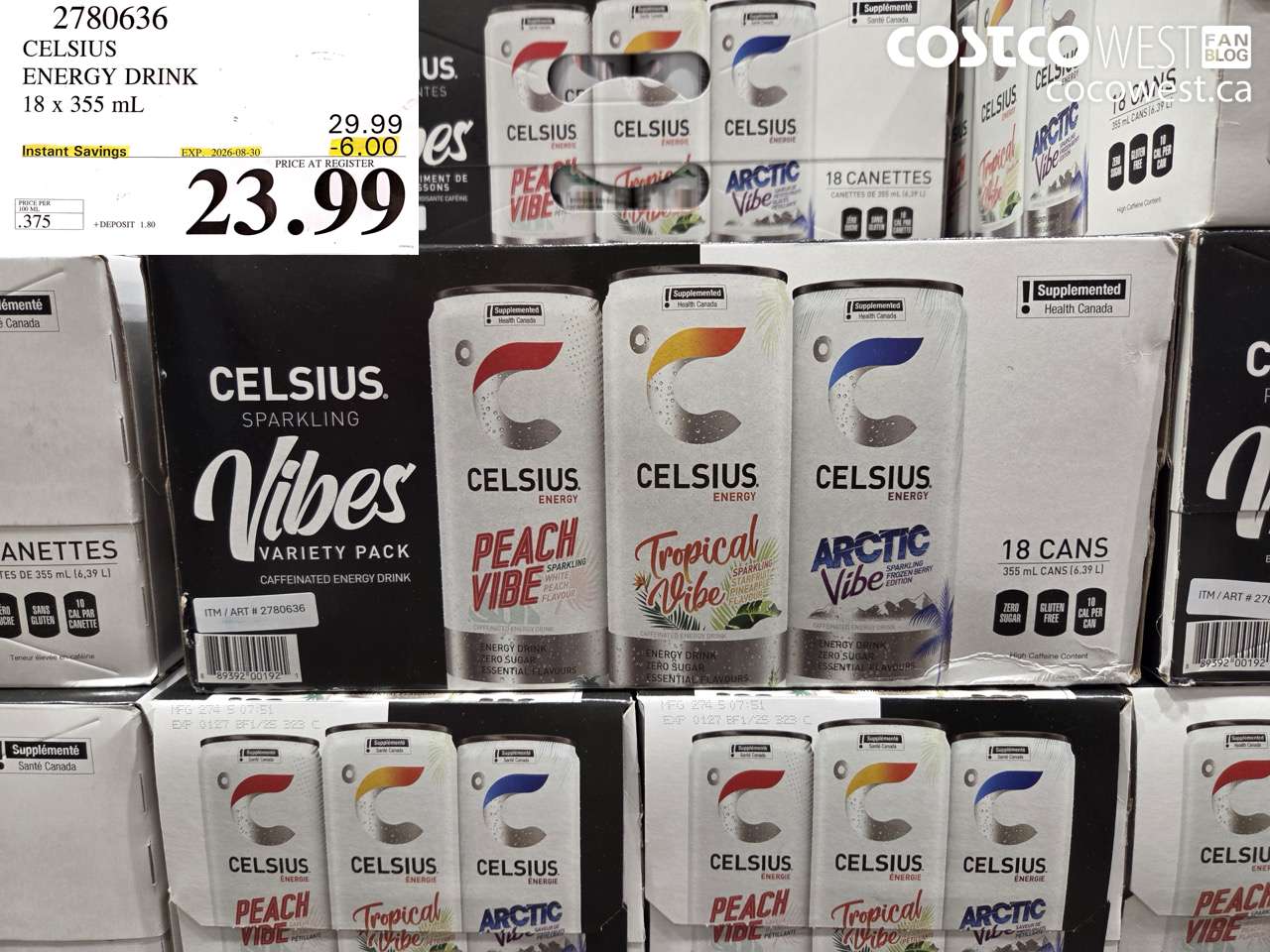 2780636 CELSIUS ENERGY DRINK 18 X 355 ML ($6.00 INSTANT SAVINGS EXPIRES ON 2026-08-30) $23.99
