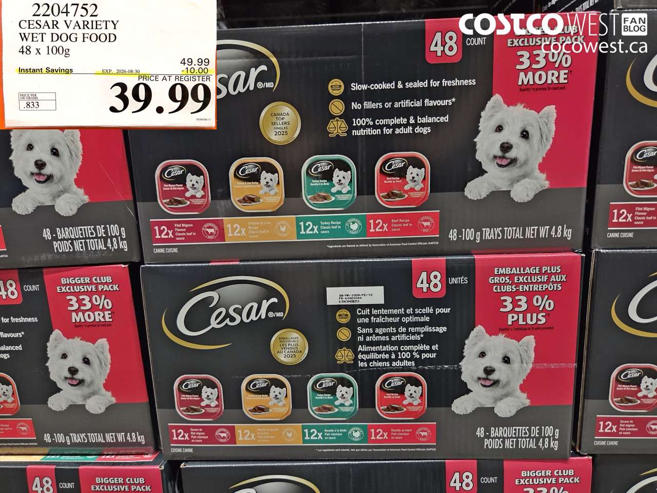 2204752 CESAR VARIETY WET DOG FOOD 48 X 100G ($10.00 INSTANT SAVINGS EXPIRES ON 2026-08-30) $39.99