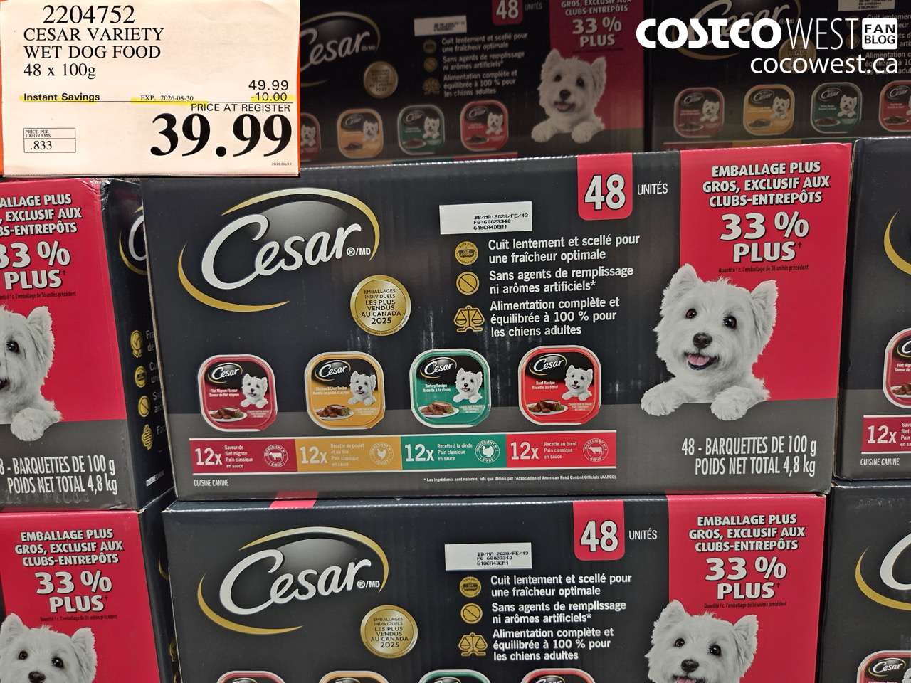 2204752 CESAR VARIETY WET DOG FOOD 48 X 100G ($10.00 INSTANT SAVINGS EXPIRES ON 2026-08-30) $39.99